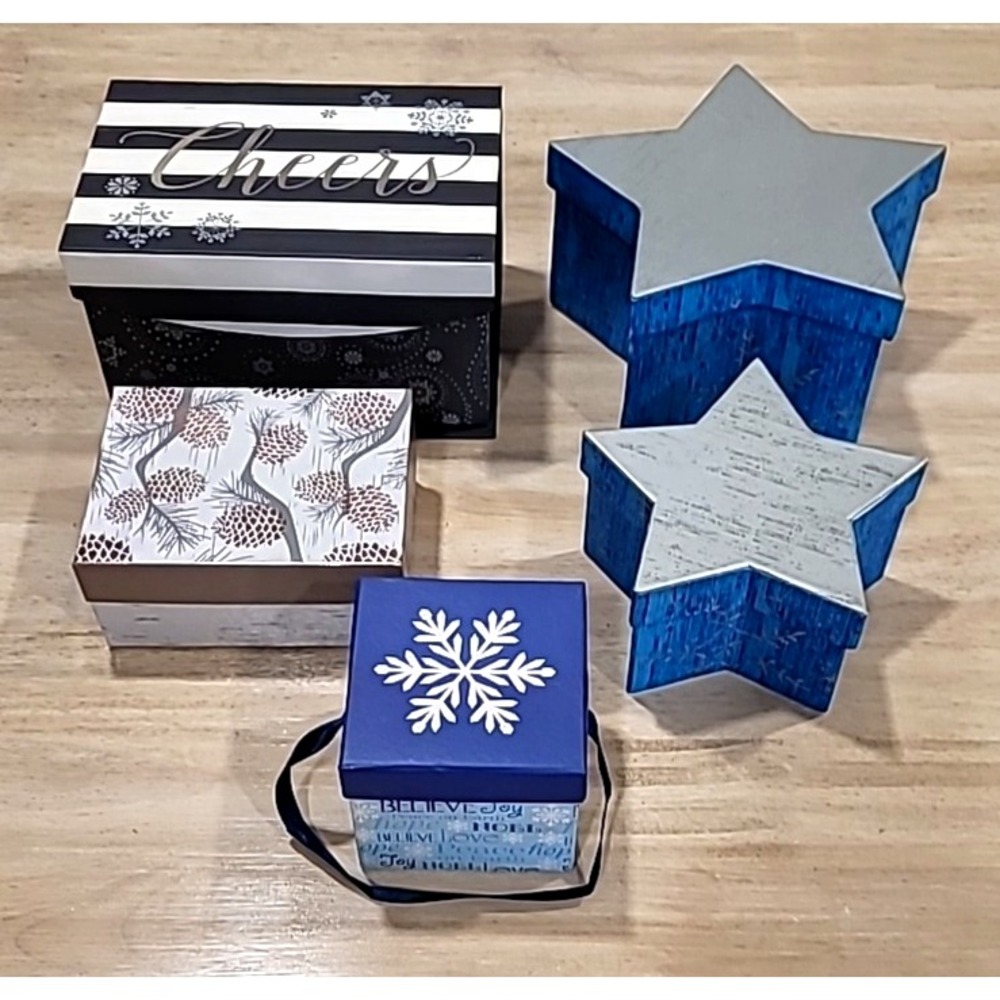 Lot Of 5 Decorative Christmas Gift Boxes-Stars-Snowflake-Pincone-Cheers